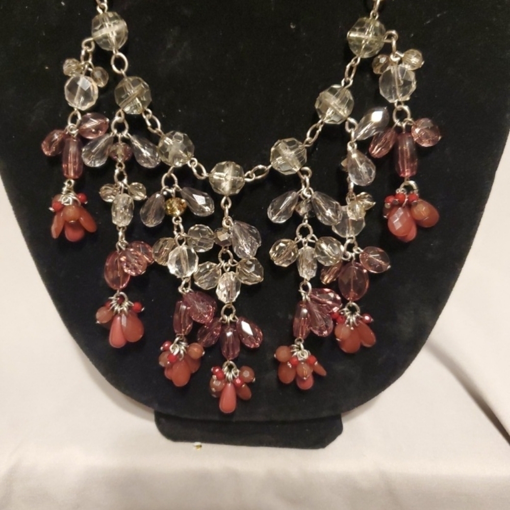 Layered Clear, Pink and Maroon Bead Necklace 20” With 2" - 3" Drop Beads - Picture 4 of 4